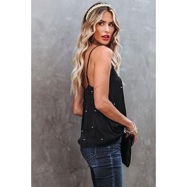 Black Pearls Décor V Neck Spaghetti Strap Tank Top